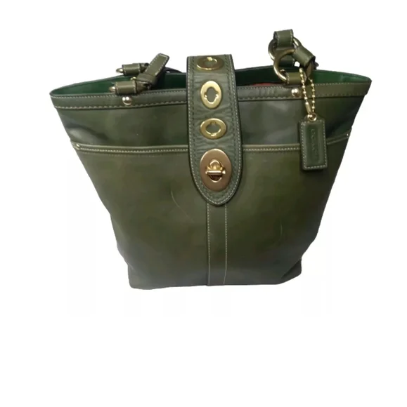 バッグ Coach Lily Legacy Turnrock Green Leather Vintage Coach Lily Legacy Turnlock Green Leather Tote Handbag